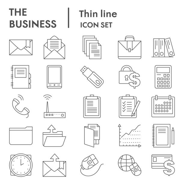 Business management thin line icon set. Marketing signs collection, sketches, logo illustrations, office symbols, outline style pictograms package isolated on white background. Vector graphics. Business management thin line icon set. Marketing signs collection, sketches, logo illustrations, office symbols, outline style pictograms package isolated on white background. Vector graphics telephone line illustrations stock illustrations