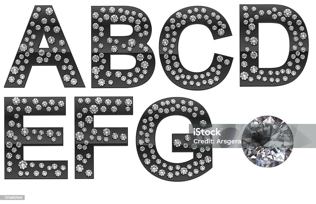 Diamond A-G letters with large gem Diamond A-G letters with gem Alphabet Stock Photo