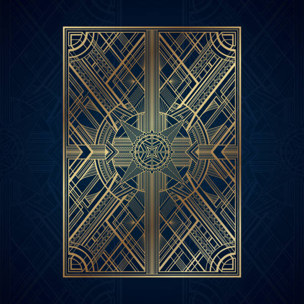Gold art deco panels on dark blue background Gold luxury art deco geometric panels on dark blue background art deco stencils stock illustrations