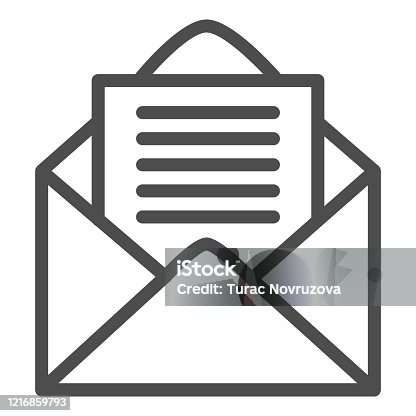 istock Opened envelope line icon. Mail letter with paper page symbol, outline style pictogram on white background. Postage or business sign for mobile concept and web design. Vector graphics. 1216859793