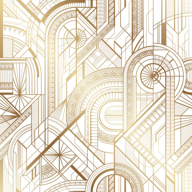 Seamless art deco geometric gold and white pattern Seamless art deco geometric gold and white pattern with lines, circles and ornaments art deco stencils stock illustrations