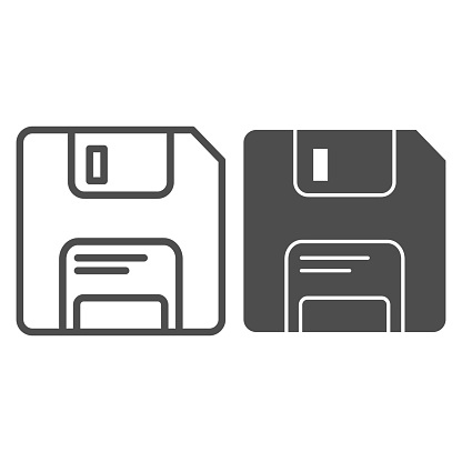 Classic diskette line and glyph icon. Data memory storage of software or documents symbol, outline style pictogram on white background. Technology sign for mobile concept, web design. Vector graphics