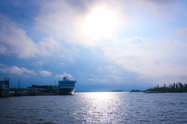 Gulf of Finland (Suomenlahti) viewed from Helsinki port. Beautiful landscape where the early morning sun rises./ Suomenlahti, Helsinki, Finland/ 09-09-2019