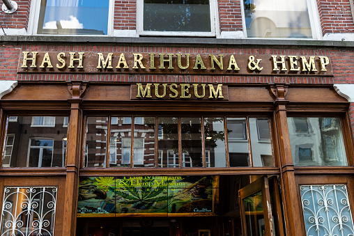 Amsterdam, Netherlands - September 7, 2018: Facade of the Hash Marihuana and Hemp Museum in Amsterdam, Netherlands