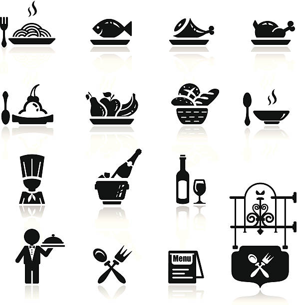 Icons set in black restaurant theme simplified but well drawn Icons, smooth corners no hard edges unless it’s required,  bread silhouettes stock illustrations
