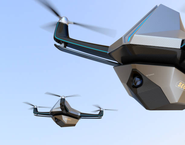 Fleet of Electric Security Drones flying in the sky. 3D rendering image.