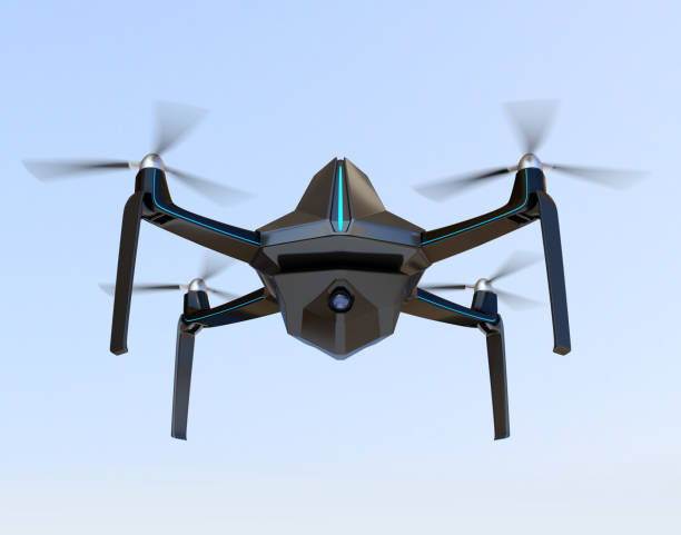 istock Front view of Electric Security Drone flying in the sky 1216866432