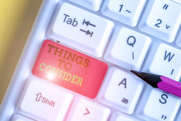 istock Handwriting text writing Things To Consider. Concept meaning list to check or do it Shopping Schedule Time table White pc keyboard with empty note paper above white background key copy space. 1216869396