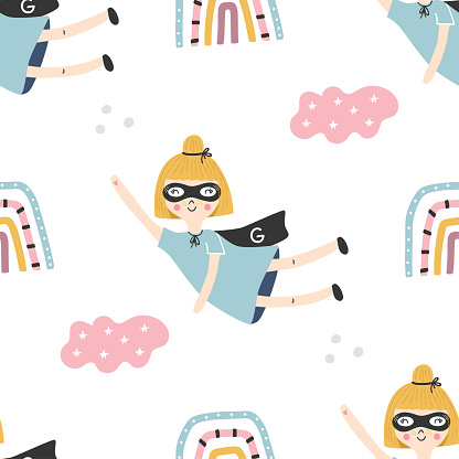 Seamless pattern with superhero girl and color baby rainbows. Vector illustration