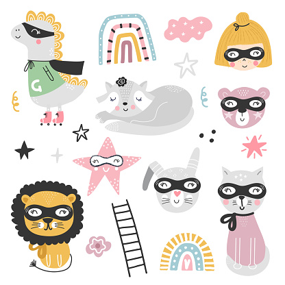 A large set of kids superheroes animals and elements. Vector illustration clip art.
