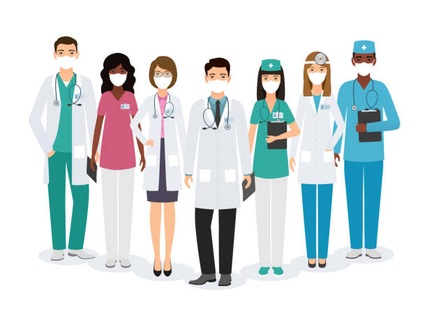 Doctors and nurses characters in medical masks standing together. Vector illustration. Group of medical people characters in medical masks standing together in different poses on white background. Set doctors and nurses in uniform. Medic clinic advertising banner. Vector illustration nurse icons stock illustrations