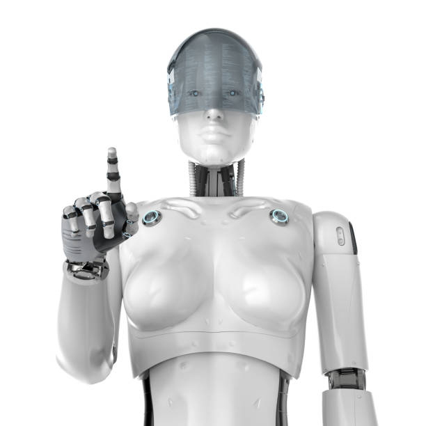 istock Female cyborg finger point 1216871494