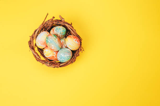 istock Coloeful easter eggs in nest on yellow color background. 1216871507