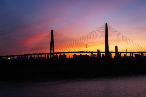 Haihe Bridge in the sunset,Tianjin China - March 27, 2020,Tianjin port, China