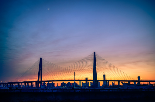 Haihe Bridge in the sunset,Tianjin China - March 27, 2020,Tianjin port, China