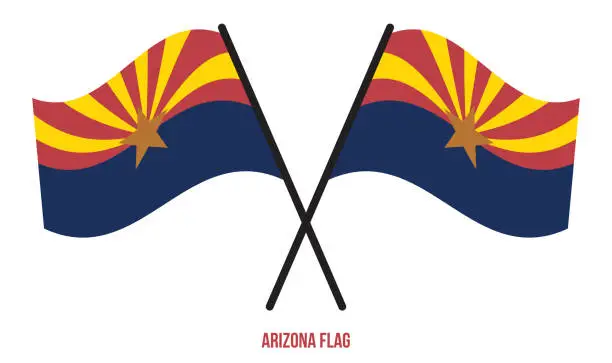 Vector illustration of Two Crossed Waving Arizona Flag On Isolated White Background.