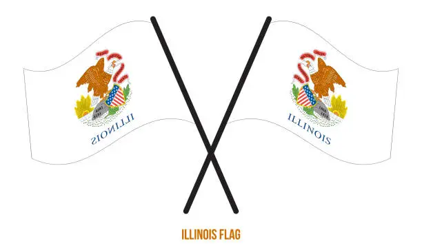 Vector illustration of Two Crossed Waving Illinois Flag On Isolated White Background.