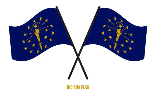 Vector illustration of Two Crossed Waving Indiana Flag On Isolated White Background.