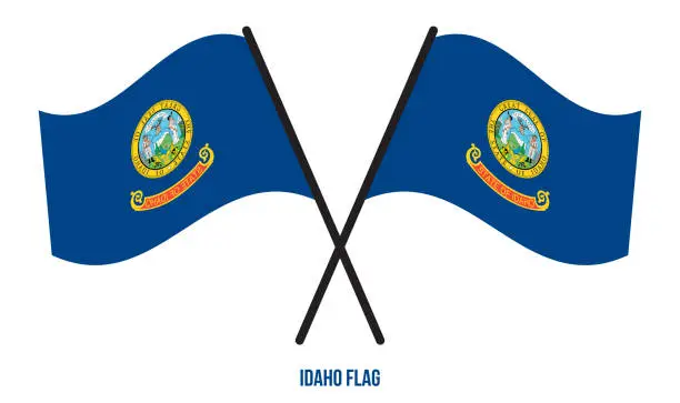 Vector illustration of Two Crossed Waving Idaho Flag On Isolated White Background.