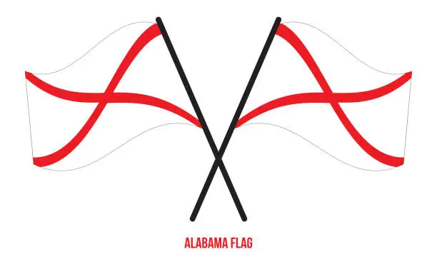 Vector illustration of Two Crossed Waving Alabama Flag On Isolated White Background.