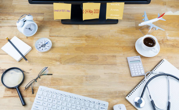 istock Home workplace with Desktop computer and business objects, Work from home concept The office is Quarantined covid-19 coronavirus. 1216874641