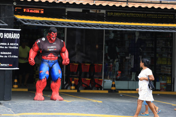salvador, bahia / brazil - march 15, 2018: Incredible red huck doll is seen on Dorival Caymmi Avenue in Itapua in the city of Salvador.
