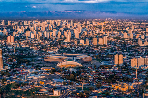 Ciuaba, Mato Grosso - Brazil, November 16, 2019: At 1,700 feet, panoramic aerial view of the Arena Pantanal Stadium in Cuiaba, Mato Grosso, Brazil. In the background, Chapada dos Guimaraes.