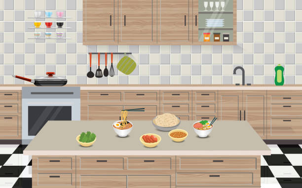 Web cooking ramen in the kitchen room kitchen stock illustrations