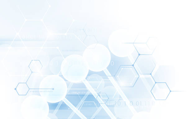 istock DNA double helix. Healthcare and science pattern medical innovation concept. Blue and white abstract technology digital hi tech hexagons concept background 1216887478