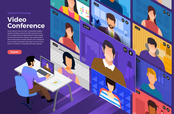 Video Conference 09 Illustrations flat design concept video conference. online meeting work form home. Vector illustrate. video meeting stock illustrations