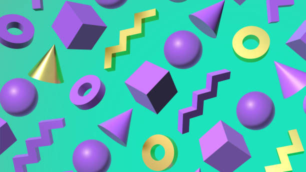 istock Abstract vector background with golden and purple 3D shapes flying over aqua menthe green backdrop 1216893051