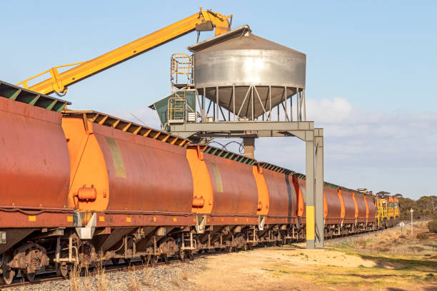 Grain train with orange freight cars (hoppers, wagons) being loaded from a cylindrical metal overhead storage bin at a remote rural location