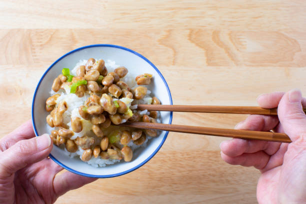 istock Japanese food, boiled vegetables, natto, miso soup, raw eggs 1216897196