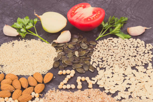 Inscription Zn with healthy eating containing zinc, vitamins and fiber stock photo