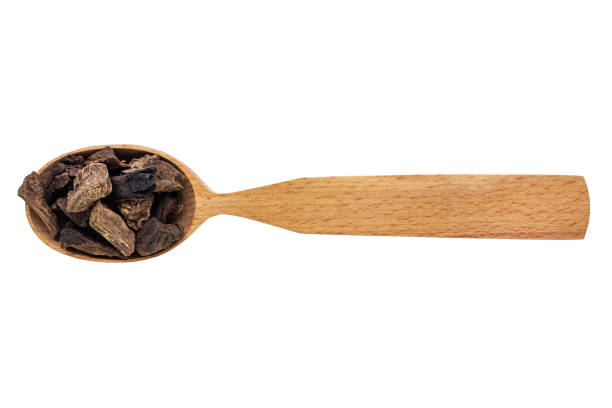 Dried Inula root in a wooden spoon on a white background. Phytotherapy and disease prevention. Herbal collection for medicinal tinctures. Herbal tea in folk medicine. The view from the top Dried Inula root in a wooden spoon on a white background. Phytotherapy and disease prevention. Herbal collection for medicinal tinctures. Herbal tea in folk medicine. The view from the top. inula stock pictures, royalty-free photos & images