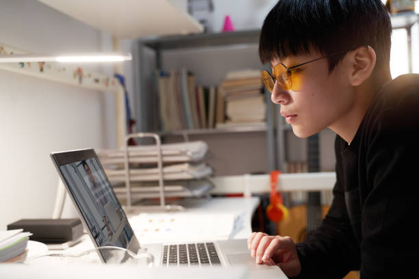 istock Asian kid learning from home on laptop in his bedroom 1216906888