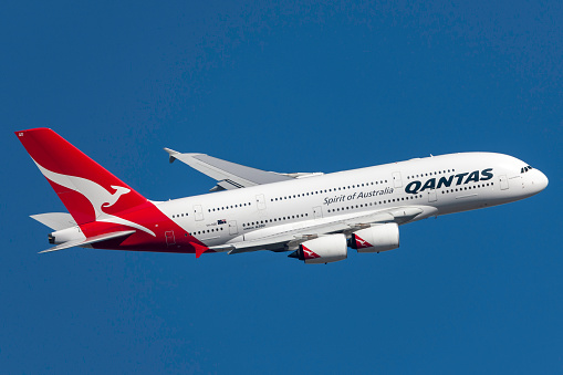 Melbourne, Australia - September 24, 2011: Qantas Airbus A380-842 VH-OQD departing Melbourne International Airport.
