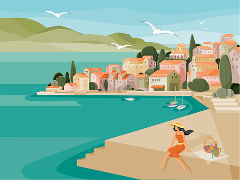 on a hot summer day, a woman in a hat made a picnic on the embankment by the sea against the background of houses with red roofs and yachts, seagulls fly, vector illustration