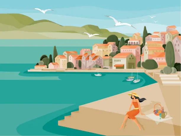 Vector illustration of on a hot summer day, a woman in a hat made a picnic on the embankment by the sea against the background of houses with red roofs and yachts, seagulls fly,