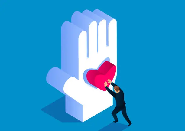 Vector illustration of Caring aid, businessman completes hands with heart shaped puzzle