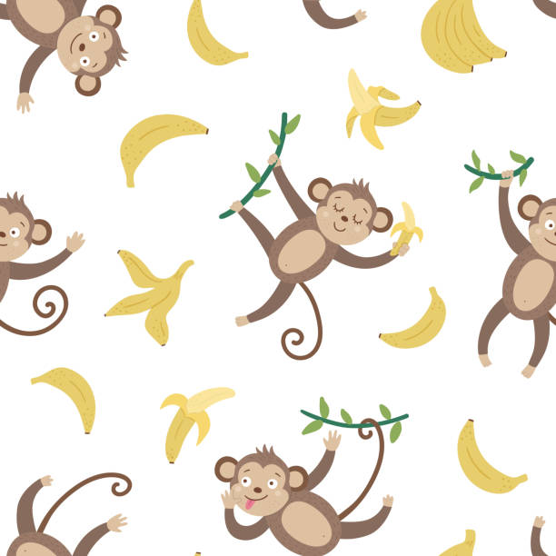 ilustrações de stock, clip art, desenhos animados e ícones de vector seamless pattern with cute monkeys and bananas. funny tropical animals and fruit digital paper. bright flat background for children. jungle summer texture - 2359