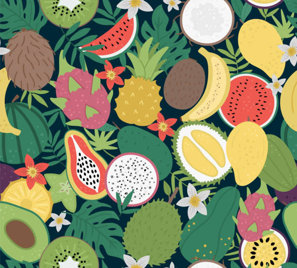 Vector seamless pattern with tropical fruit and berries with slices and halves. Jungle foliage background. Hand drawn flat exotic plants texture. Bright childish digital paper with healthy summer food. Vector seamless pattern with tropical fruit and berries with slices and halves. Jungle foliage background. Hand drawn flat exotic plants texture. Bright childish digital paper with healthy summer food. fruit of coconut tree stock illustrations