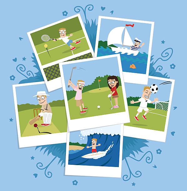 illustrazioni stock, clip art, cartoni animati e icone di tendenza di sport photo montaggio - fish cakes illustrations