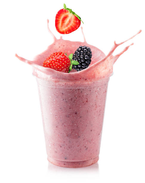 berry smoothie in glass cold milkshake or smoothie with ice and fresh berries in disposable plastic glass isolated on white background smoothie photos stock pictures, royalty-free photos & images