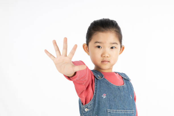 istock Little Girl Stop Gesture on White Background 1216909454