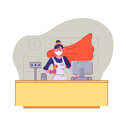 You are our heroes. Seller in medical mask and goggles stands behind the cash register in a supermarket with a superhero cloak during quarantine. Appreciation to sales staff. Vector illustration.