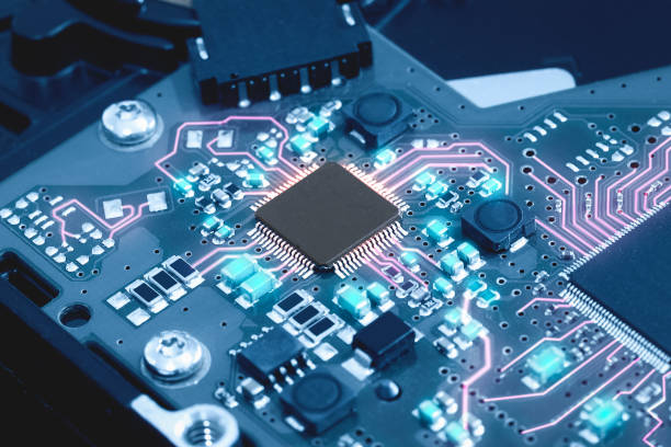 클로즈업 전자 회로 기판. 기술 스타일 개념. - mother board computer chip circuit board electrical component 뉴스 사진 이미지