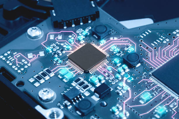 zbliżenie elektronicznej płytki drukowanej. koncepcji stylu technologii. - electronics industry circuit board computer chip engineering zdjęcia i obrazy z banku zdjęć