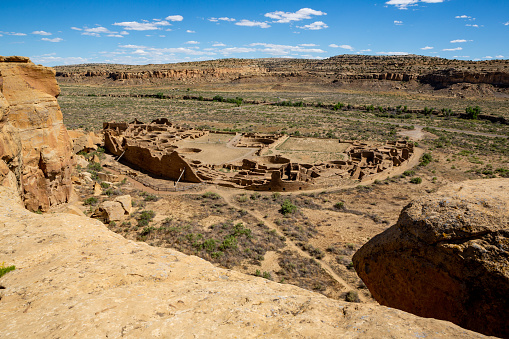 Aerial viiew of Pueblo Bonito at Chaco Culture National Historic Park, Chaco Canyon New Mexico