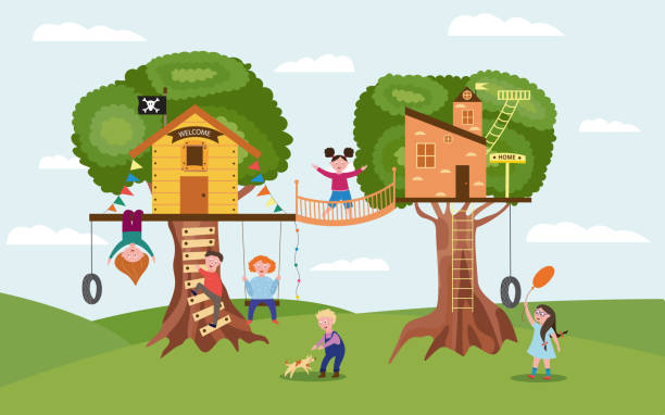 Cartoon children playing together on fun tree house playground Cartoon children playing together on fun tree house playground - little kids having fun in summer nature and wooden treehouse with ladder. Flat vector illustration. kids play house stock illustrations